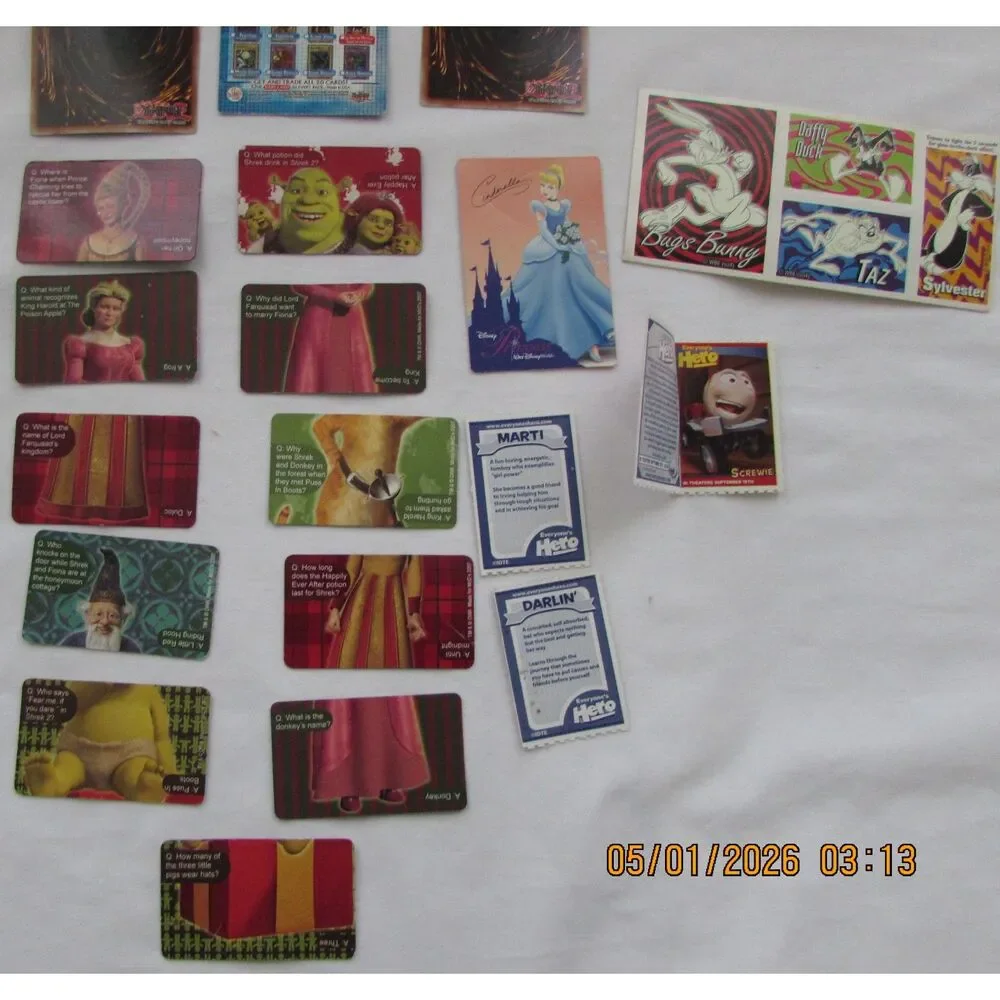 Vintage Yu-Gi-Oh cards, Shrek cards, Crackerjack cards, Bugs Bunny, Taz stickers
